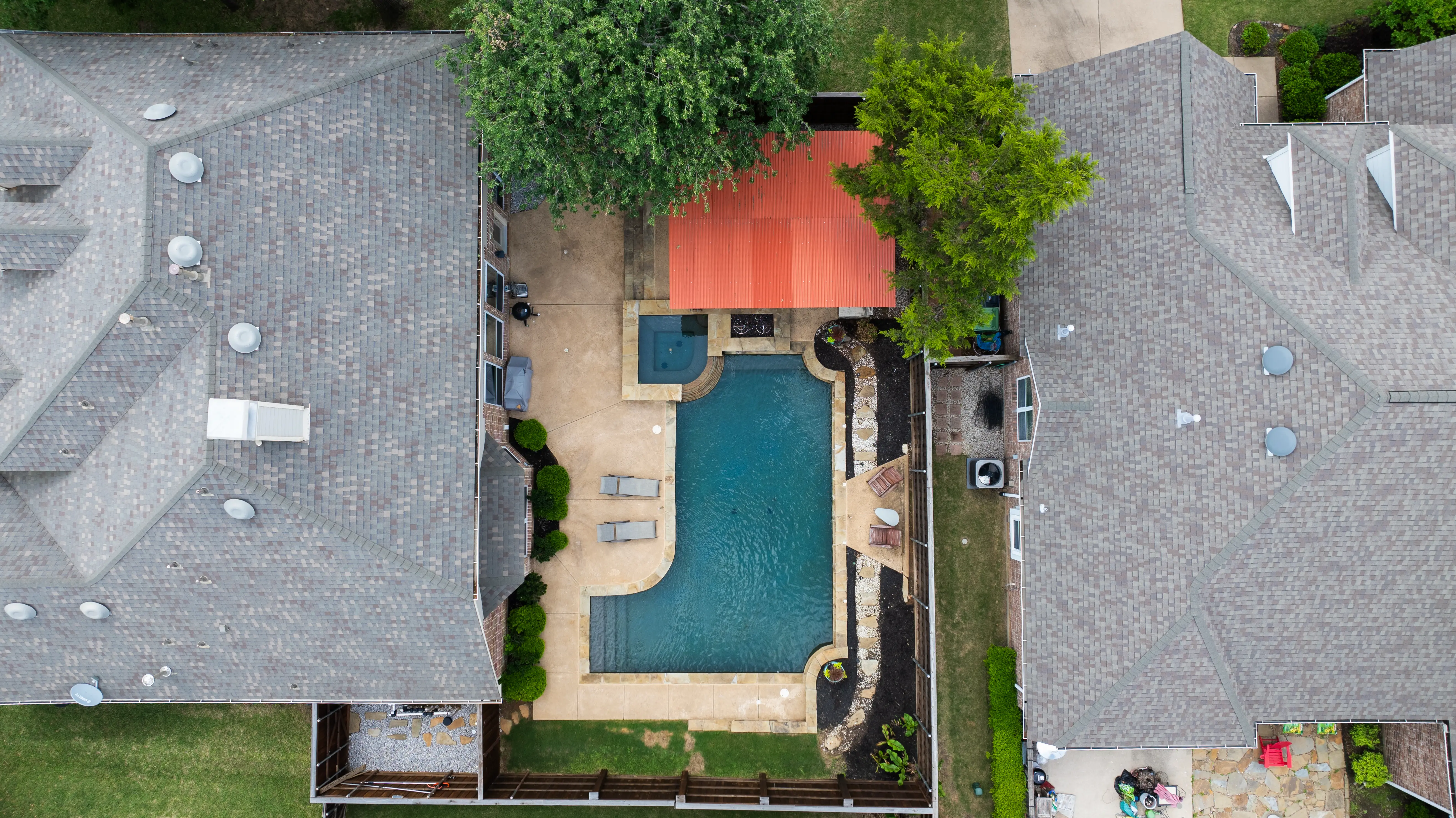 Aerial view of roof and pool